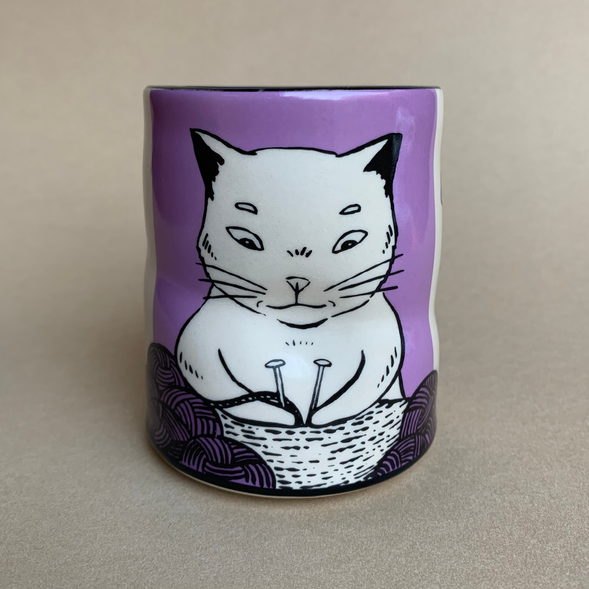Lucky Cat Knitting Cup - Large Ceramic Mug