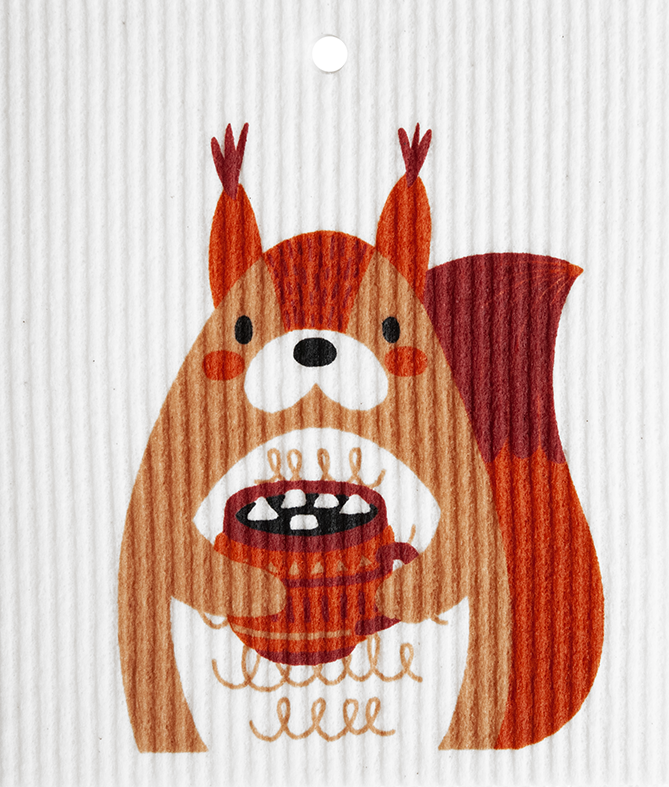 Squirrel with Hot Chocolate Swedish Wash Towel