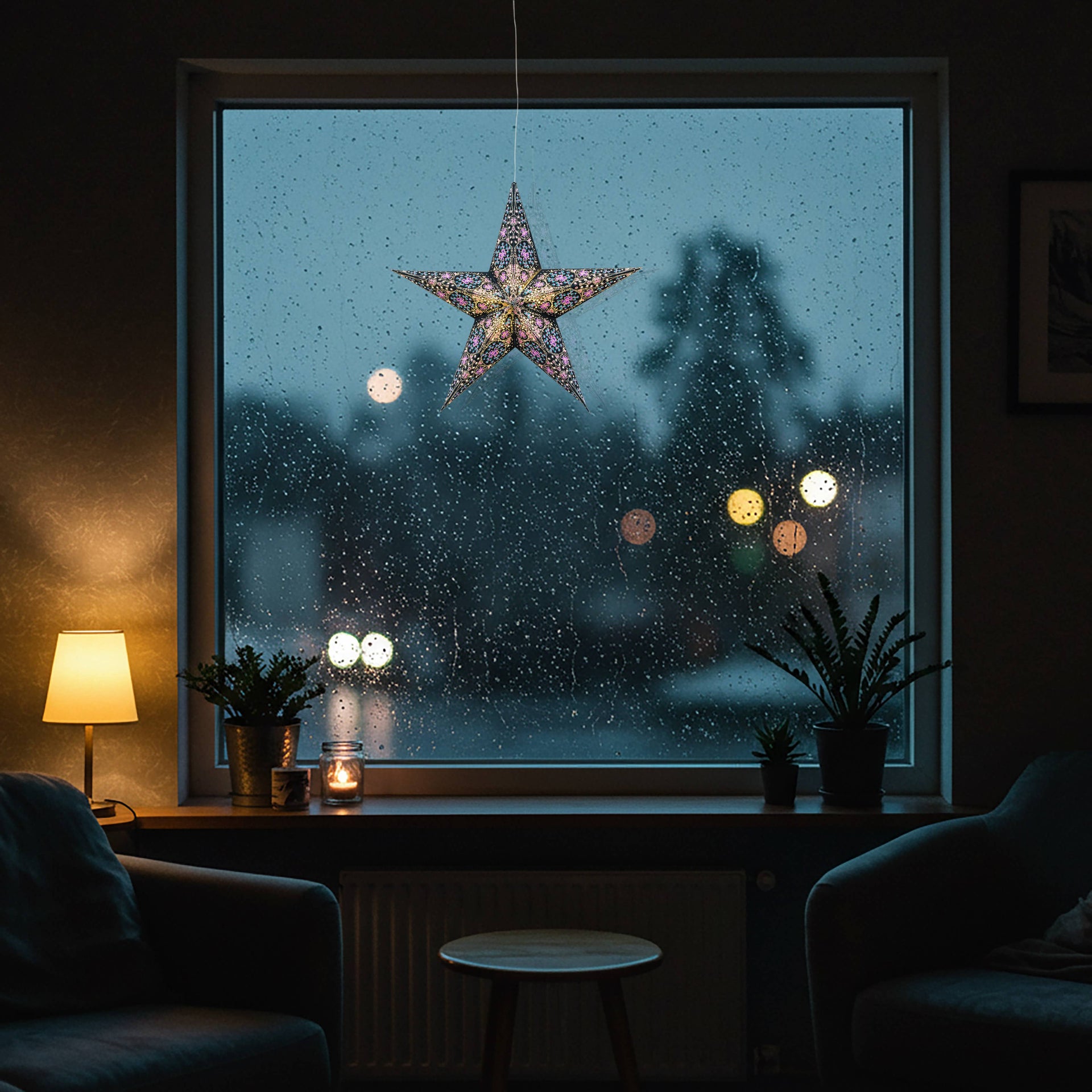 Cathedral ~5 P,15",Turquoise/Violet Paper Starlight Lantern