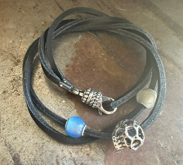 Trollbeads Blue Skies & Sugar Skulls Double Wrap Black Leather Bracelet