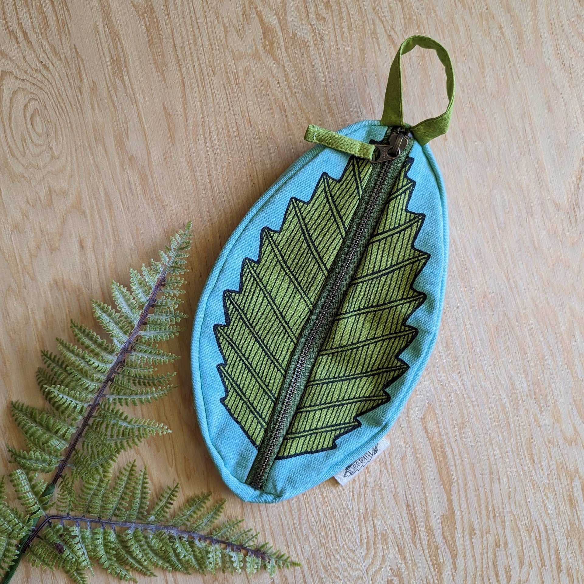 Zippered pouch | leaf - green & blue nature pencil, supply, makeup bag with waterproof lining