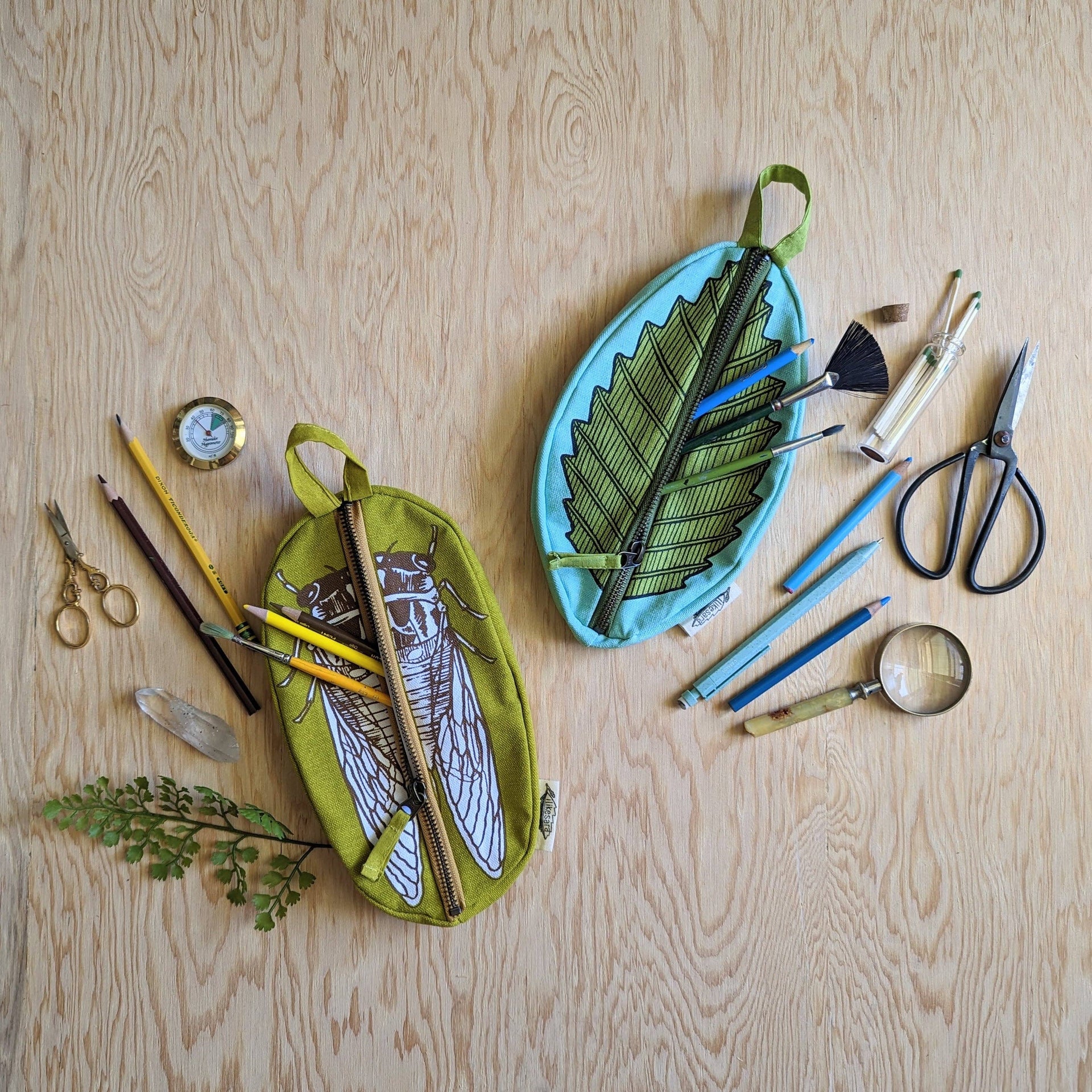 Zippered pouch | leaf - green & blue nature pencil, supply, makeup bag with waterproof lining